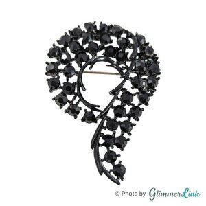 Vintage Lisner Black Rhinestone  Crystals Swirl Japanned Brooch